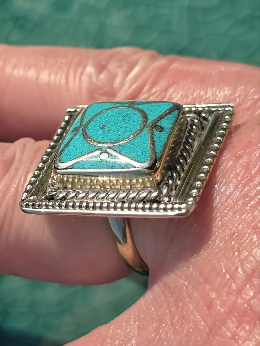 Tibetan Turquoise Square-Shaped Gemstone Ring (Adjustable)